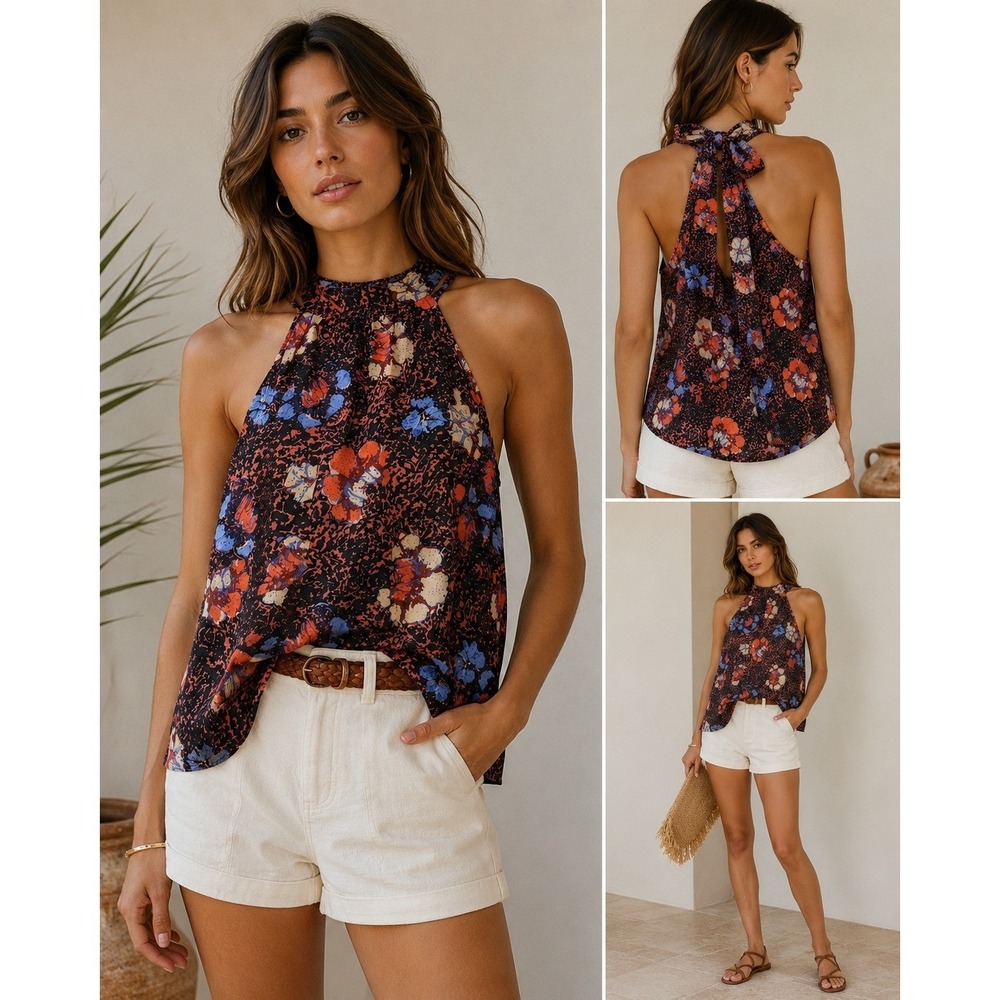 Cleobella Organic Cotton Floral Halter Tank Top Mock Neck Tie Back Boho Size XS